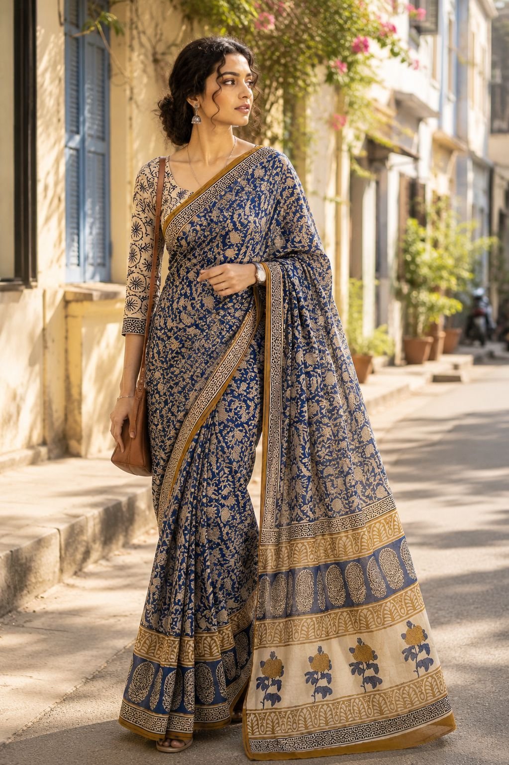 Yellow Floral Hand Block Printed Cotton Saree - Image 2