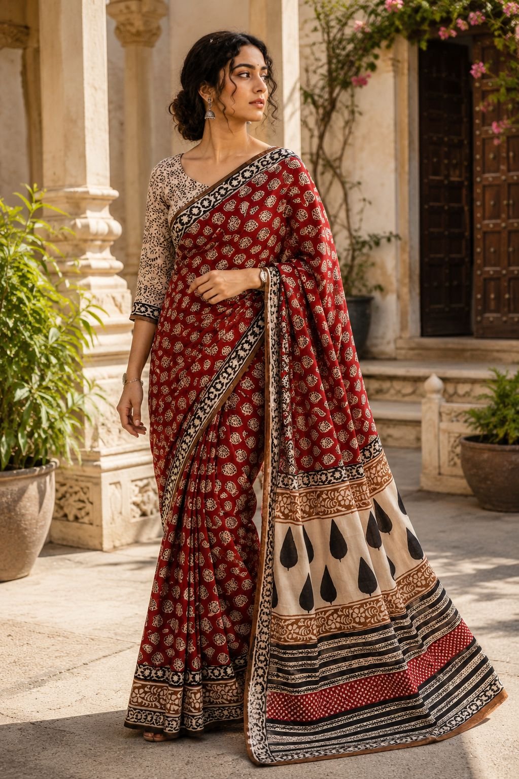Red Hand Block Printed Cotton Saree - Image 2