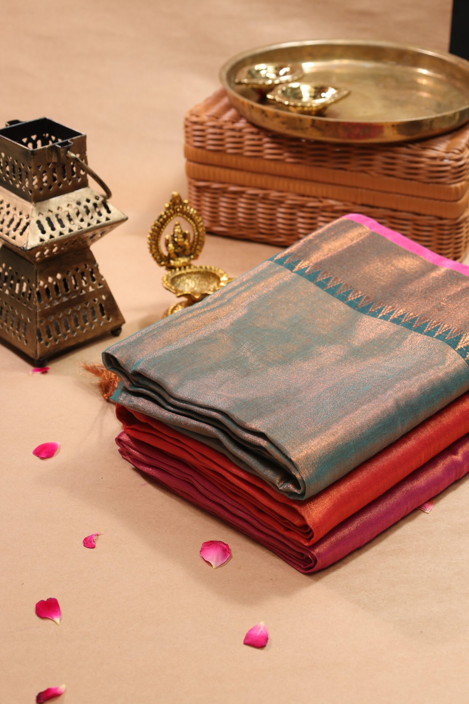 Teal Bronze Tissue Saree - Image 4