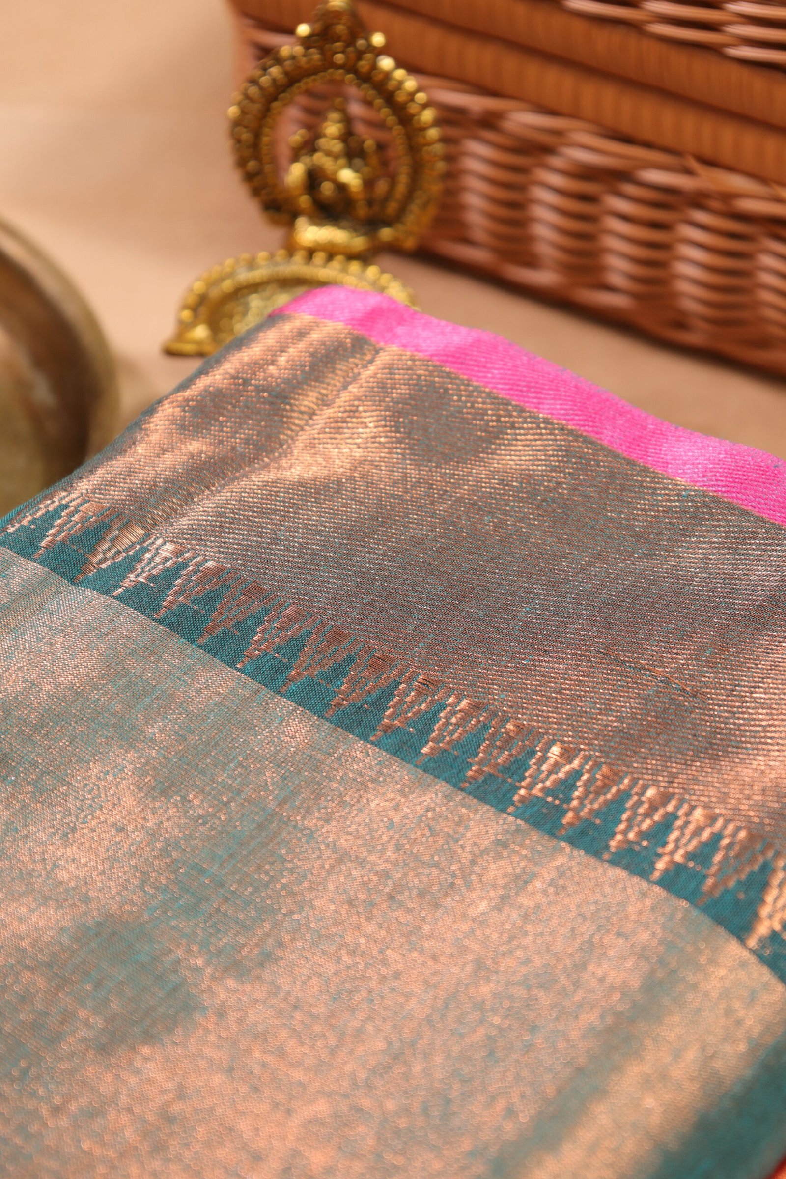 Teal Bronze Tissue Saree - Image 3