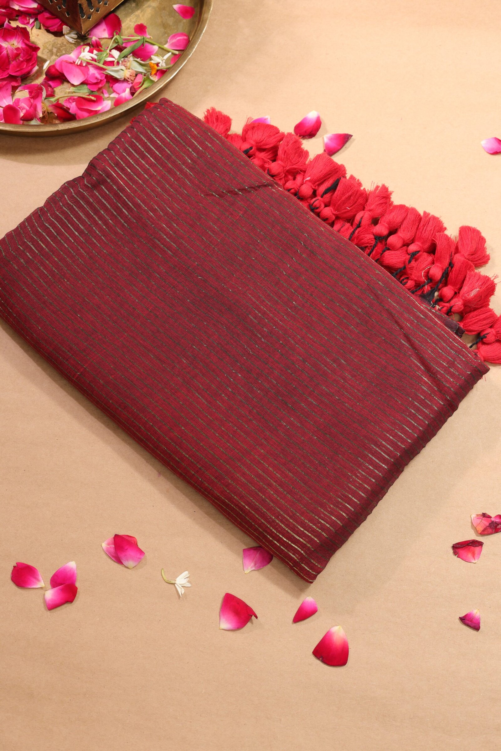 Deep Red Thin Zari Stripe Saree