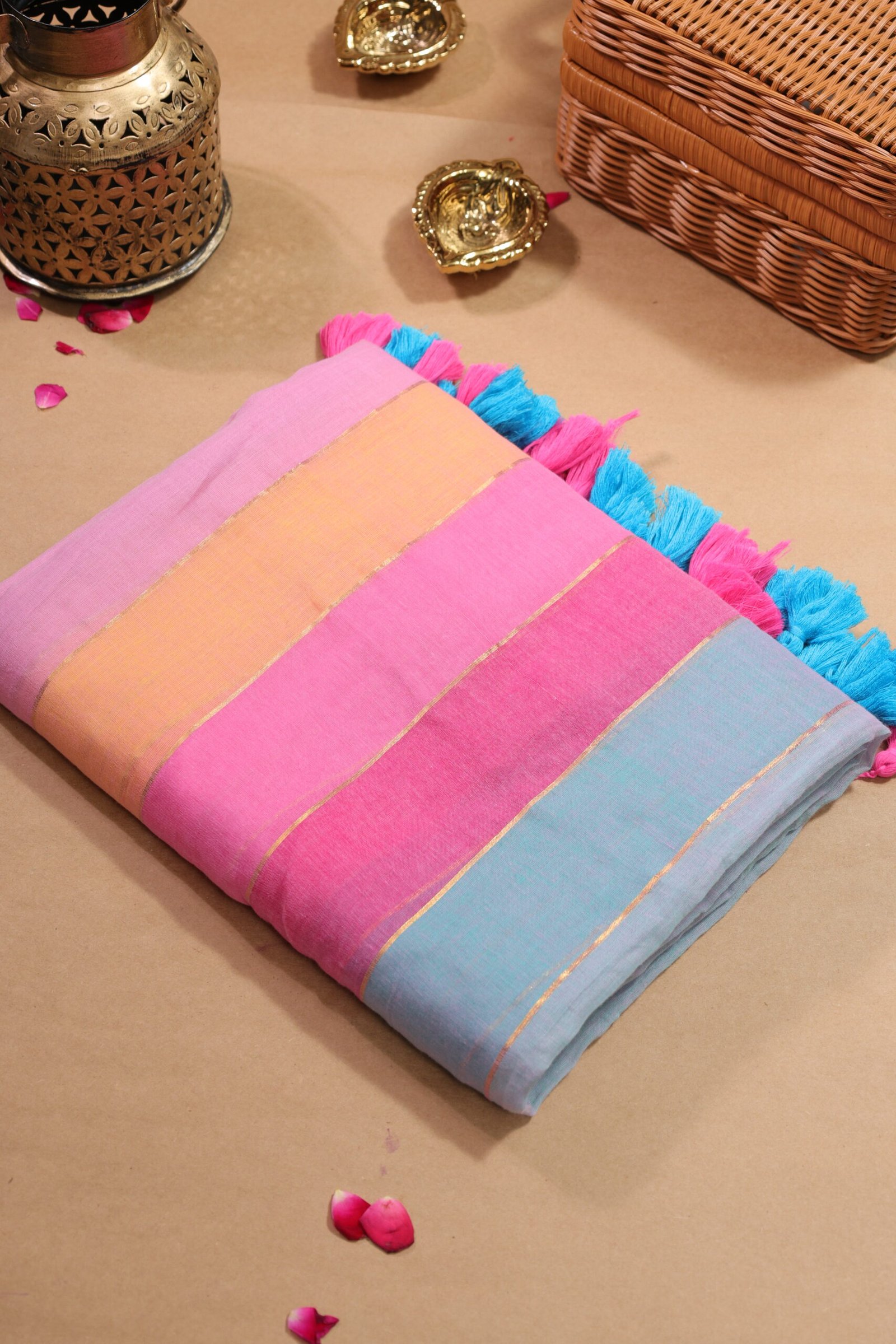 Sky Blue Fuchsia Multi Stripe Mulmul Saree