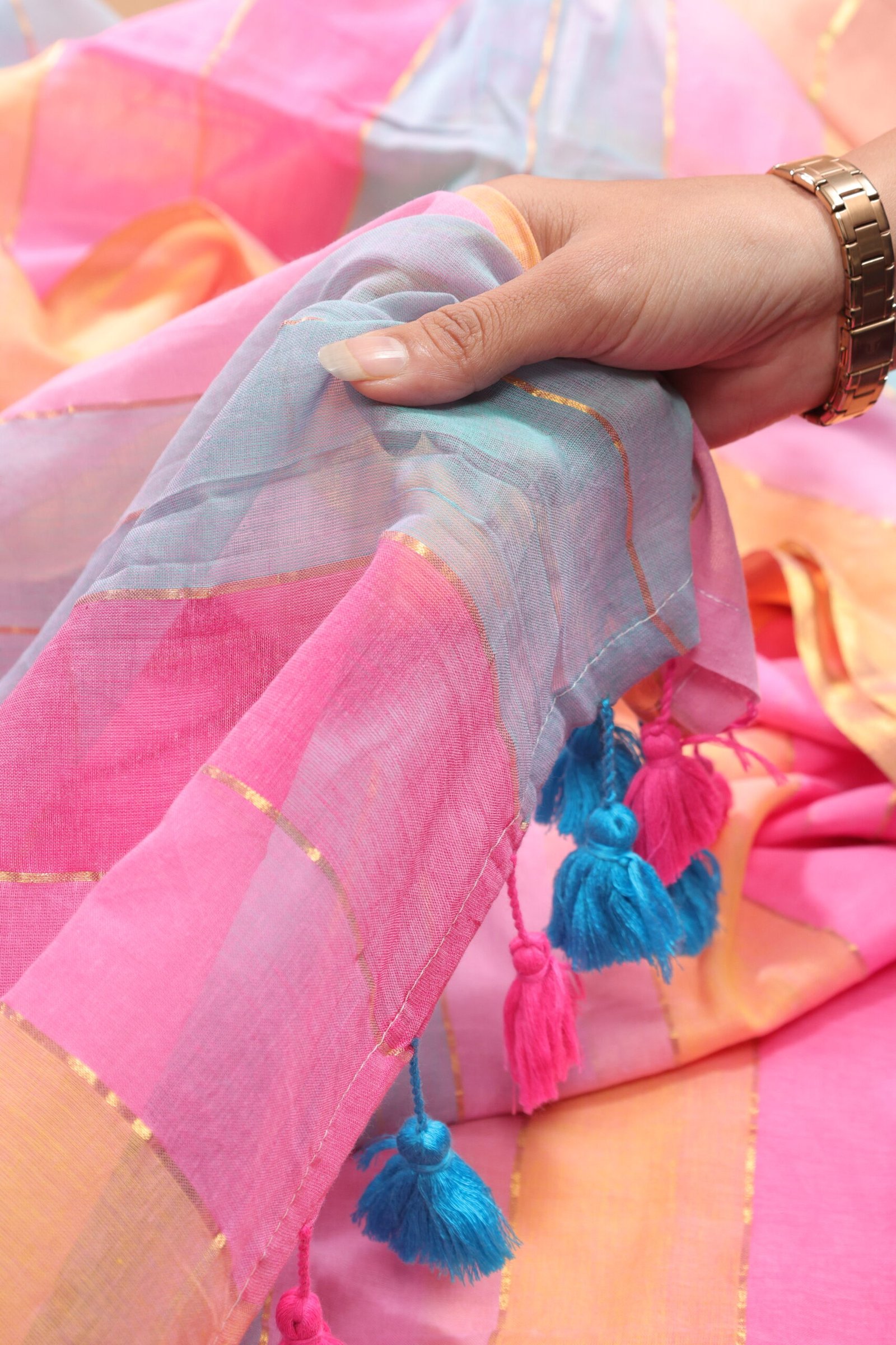 Sky Blue Fuchsia Multi Stripe Mulmul Saree - Image 3