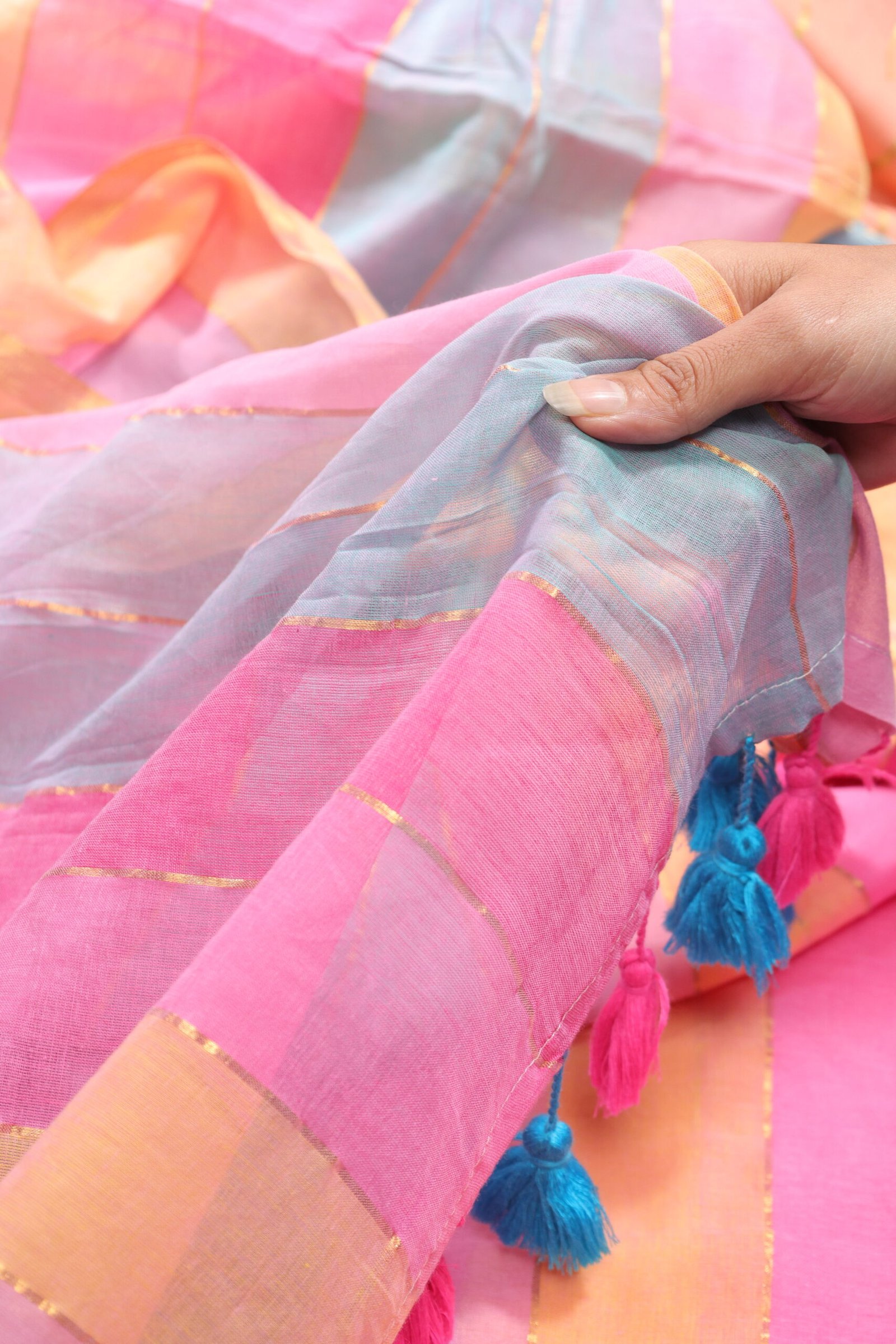 Sky Blue Fuchsia Multi Stripe Mulmul Saree - Image 4