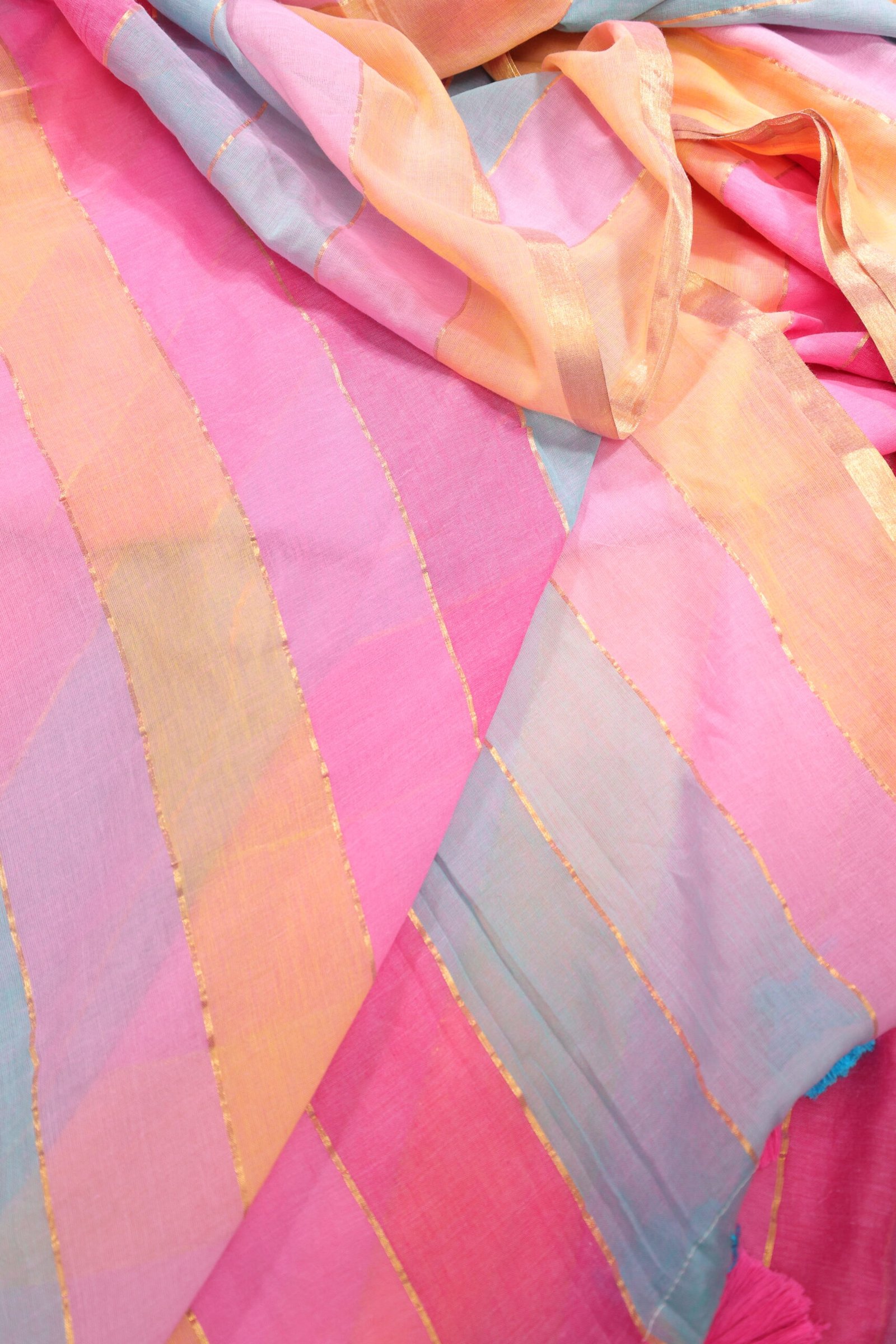 Sky Blue Fuchsia Multi Stripe Mulmul Saree - Image 5