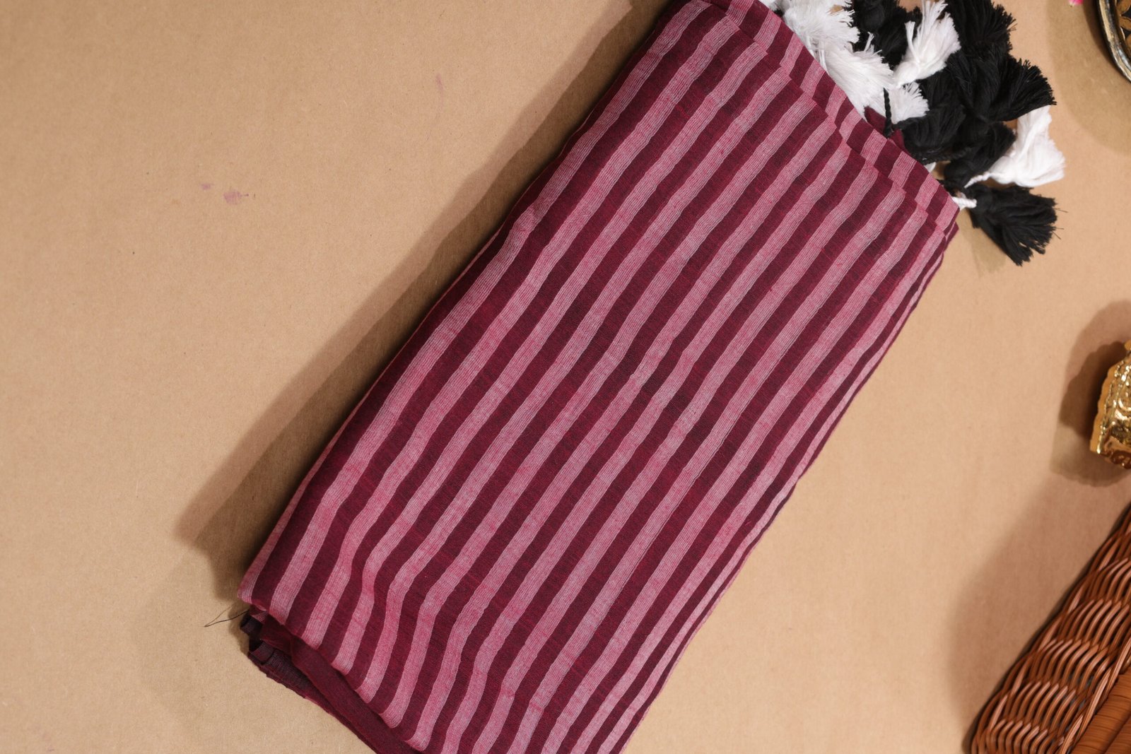Wine Pink Half Plain Half Stripe Saree